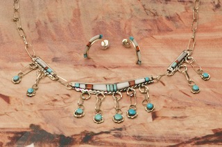 Zuni Indian Genuine Gemstones Sterling Silver Necklace and Earrings Set